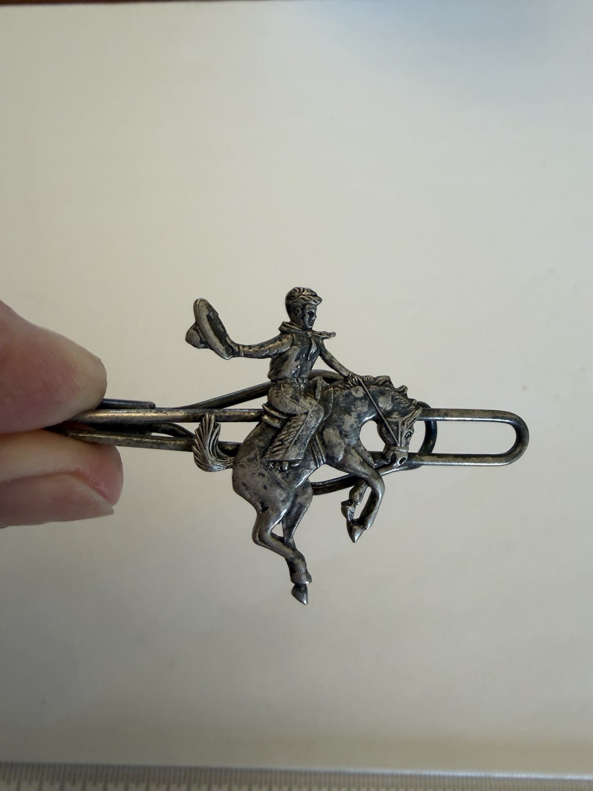 Vintage Cowboy & Horse Tie Clip Western Ranch Rodeo Silver Plated 2.5”