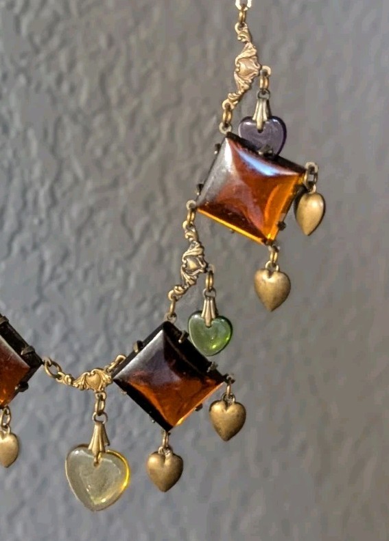Vtg Art Glass Works Studio Brass Heart Charm Statement Necklace Amber Multi