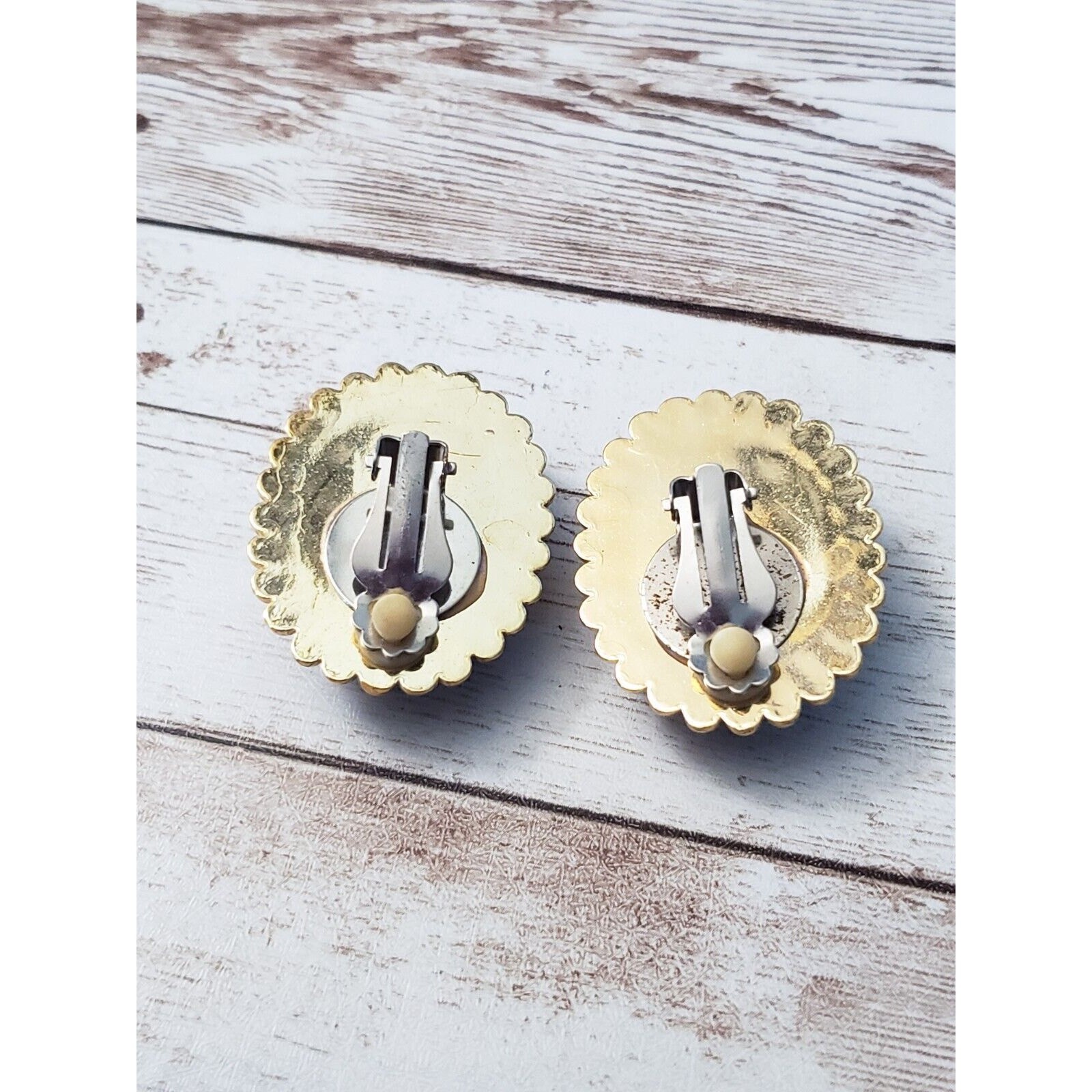 Vintage Clip On Earrings Large Chunky Statement Brown with Gold Tone Halo
