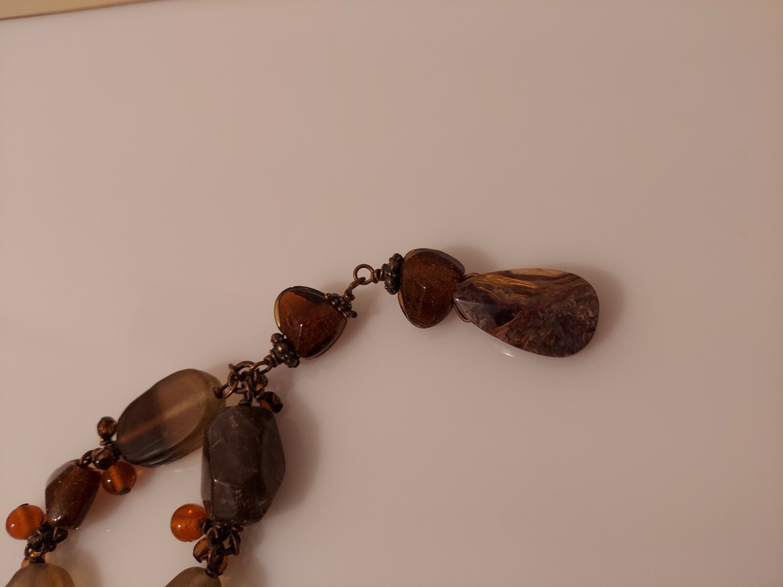 lozenge bead & natural polished stone necklace strand adj. 15″-18″ brown colors