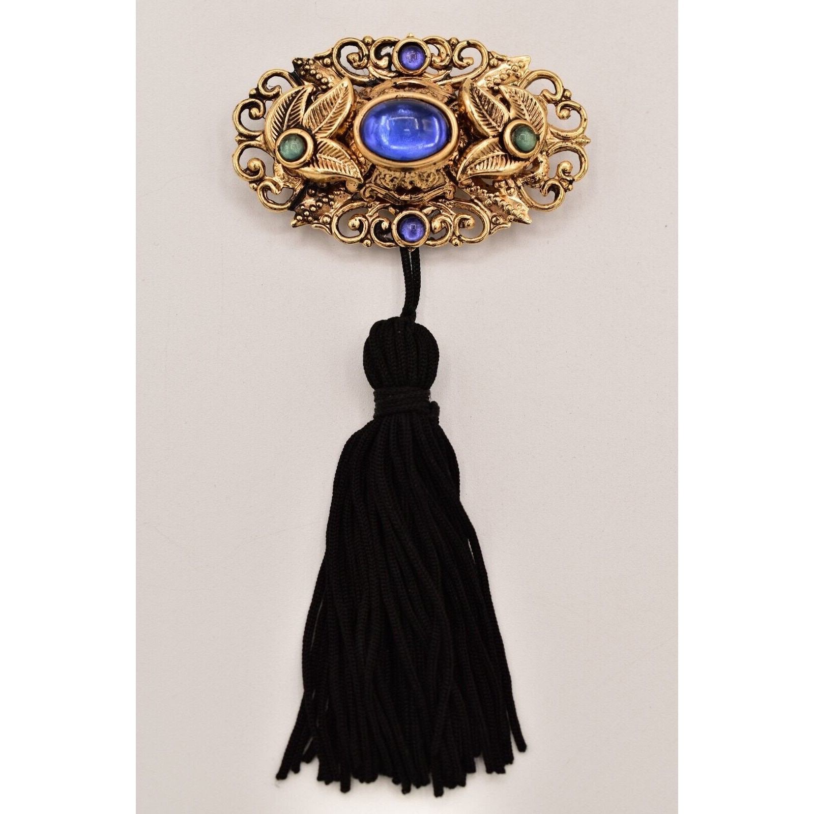 Vintage Cabochon Tassel Pin Brooch Lightweight Antiqued Gold Blue Black BinBG