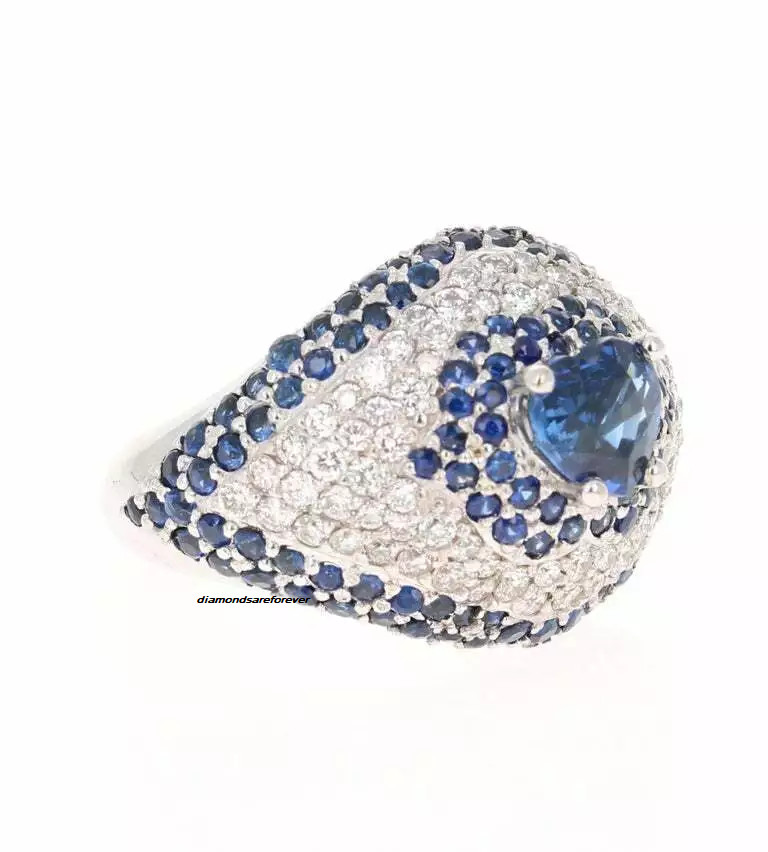 Heart & Round Cut 4.17CT Blue Sapphire With 1.03CT Pave White CZ Promise Ring