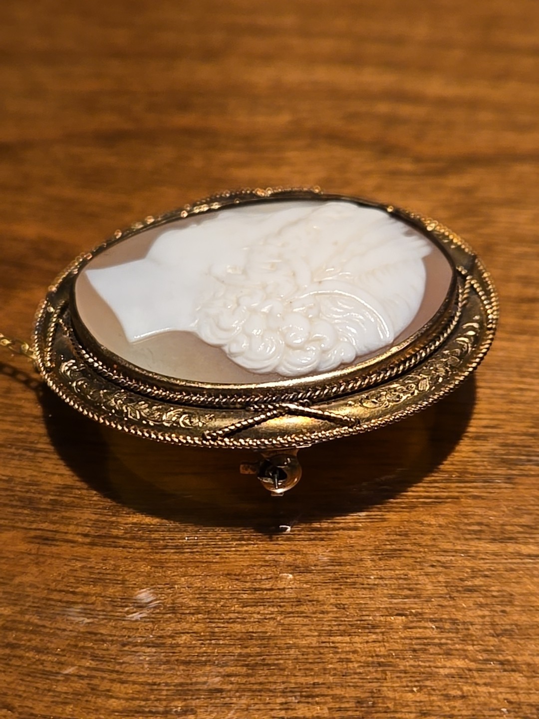 Antique Edwardian Cameo Brooch Gold-Filled Hand Carved Clasp Safety Chain
