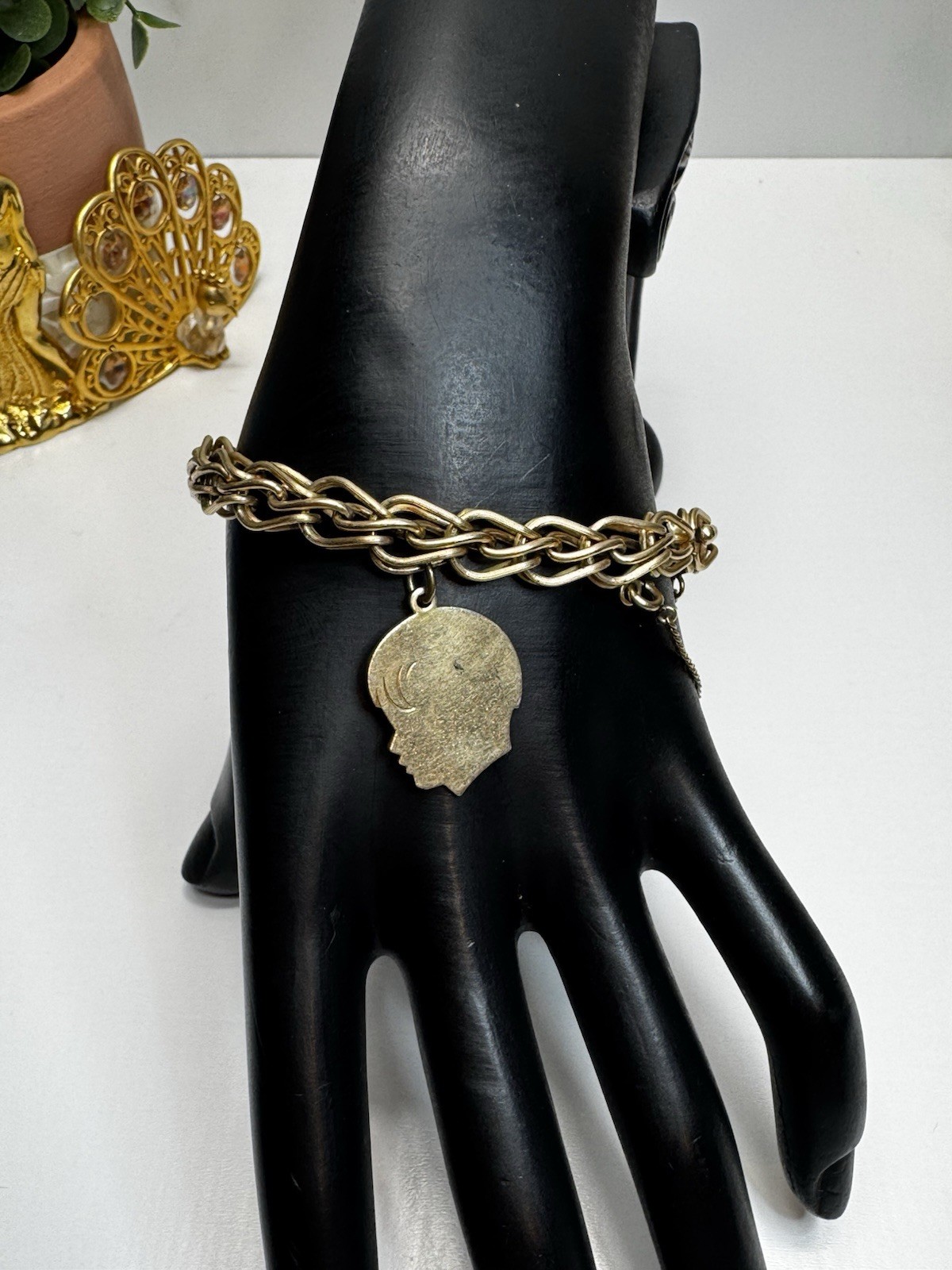 Vintage 12K Gold Filled Chain Bracelet Male Profile Charms Unmarked Retro 7” 50s