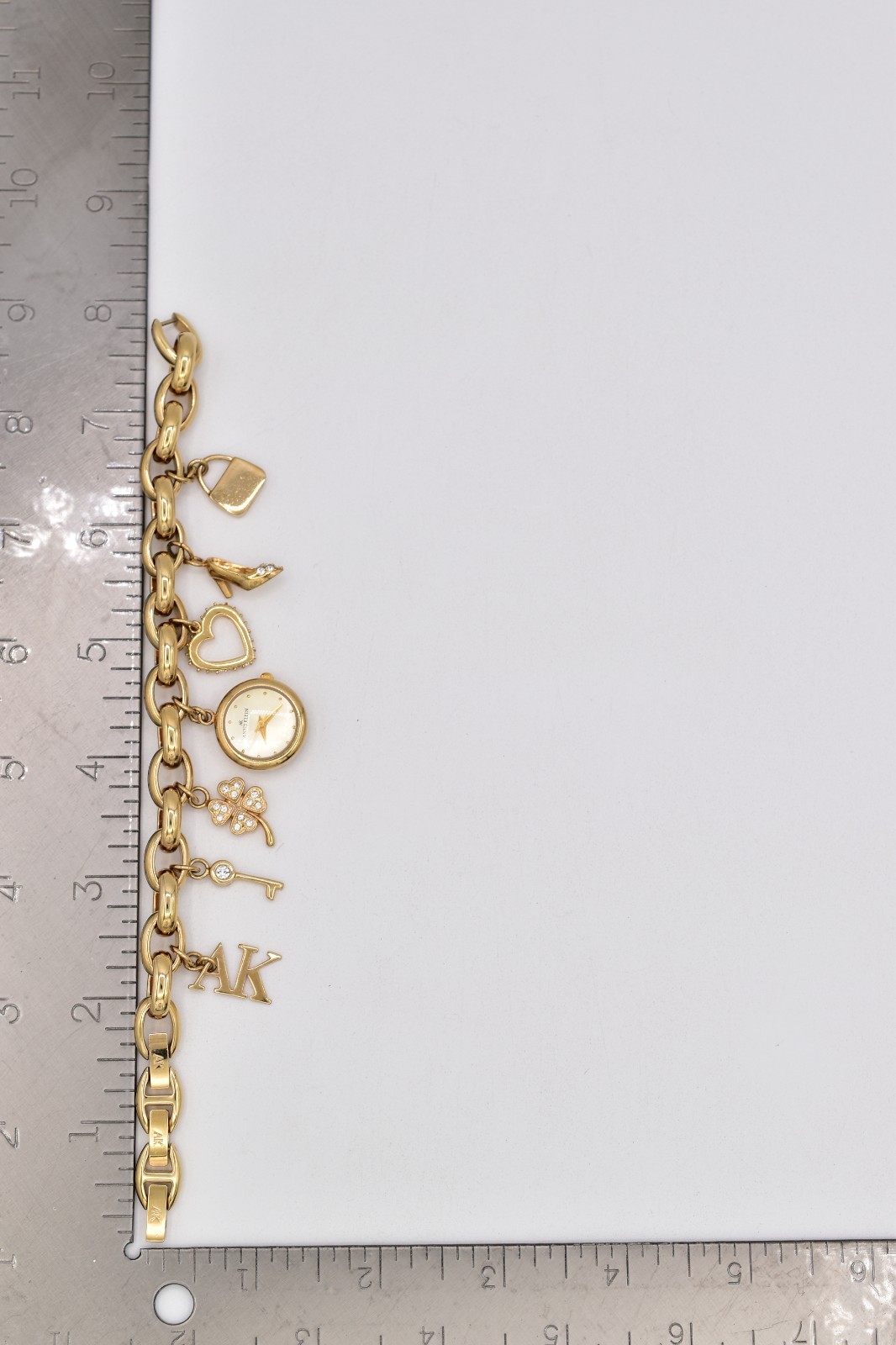 Anne Klein Gold Watch Charm Bracelet Heart Shoe Purse Clover AK Crystal BinAD