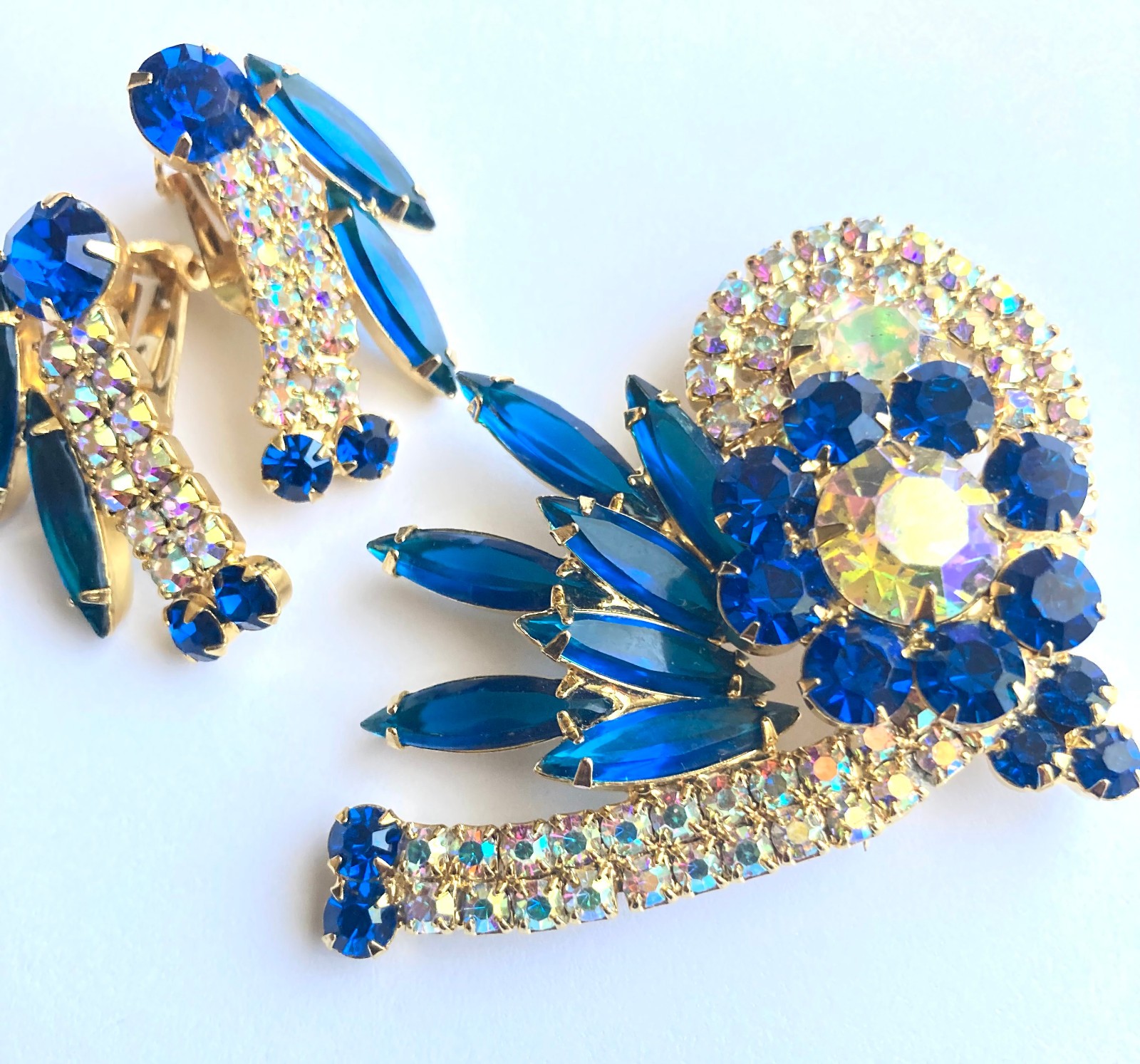Verified JULIANA D&E Blue Open Back Navette AB Rhinestone Brooch Earring Set