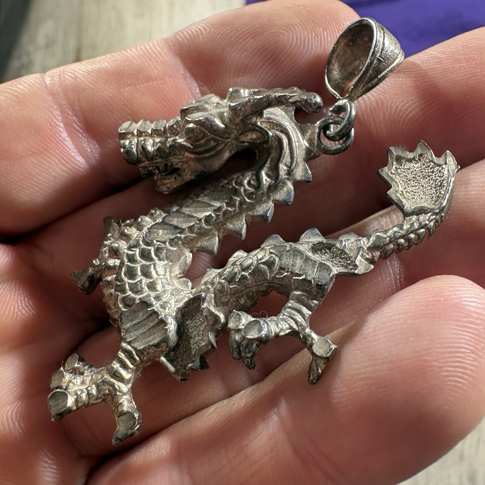 Vintage 925 Sterling Silver Luck Dragon Necklace Pendant Heavy Approximately 2”
