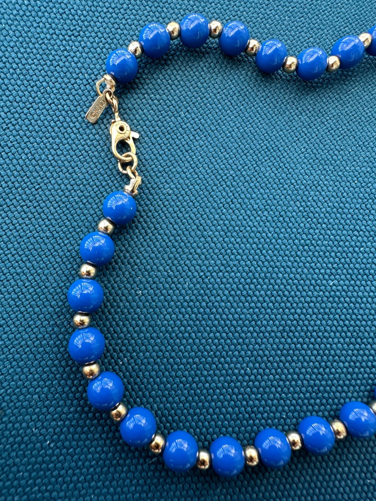VINTAGE MONET Blue Beads w/Gold Spacer Beads 16″ NECKLACE