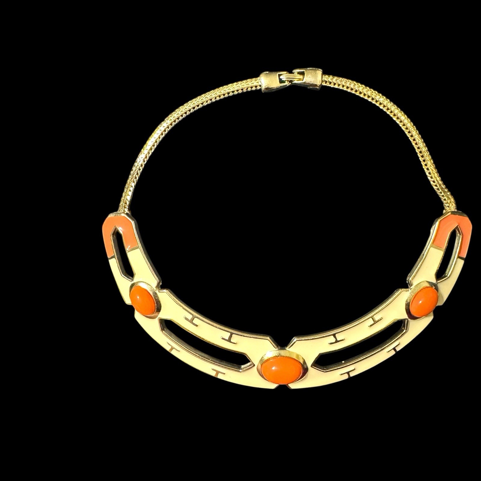 Vtg Collar Choker Necklace Orange Cabochon Gold Cream Enamel Chunky Statement