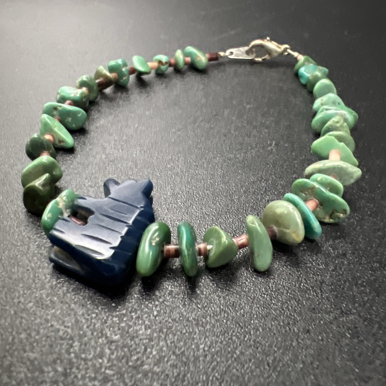VTG Santo Domingo Turquoise Nugget Bear Fetish 8.5” Bracelet Sterling Silver