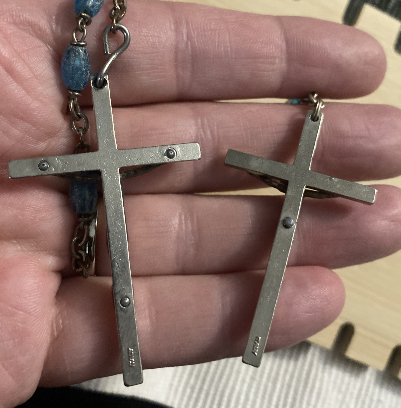 Vintage Italian Crucifix Rosary Pendants, INRI, Blue Glass Beads, Marked Italy