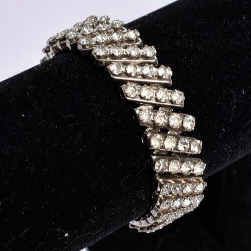 Vintage Clear Rhinestone Stretch Expanding Prong Set Silver Tone Bracelet