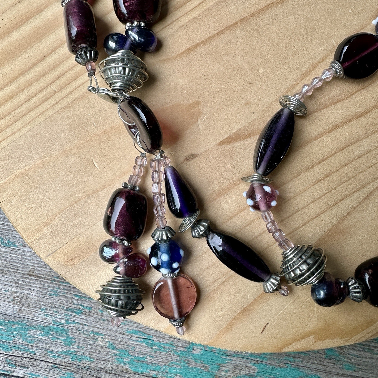VTG Artisan Beaded Necklace 41 Inch Metal Art Glass Statement Tassel Multicolor