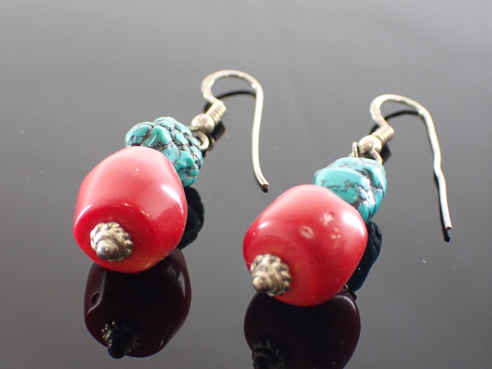 Vintage Sterling Drop Earrings Red Bead & Turquoise Matrix Stones Artisan