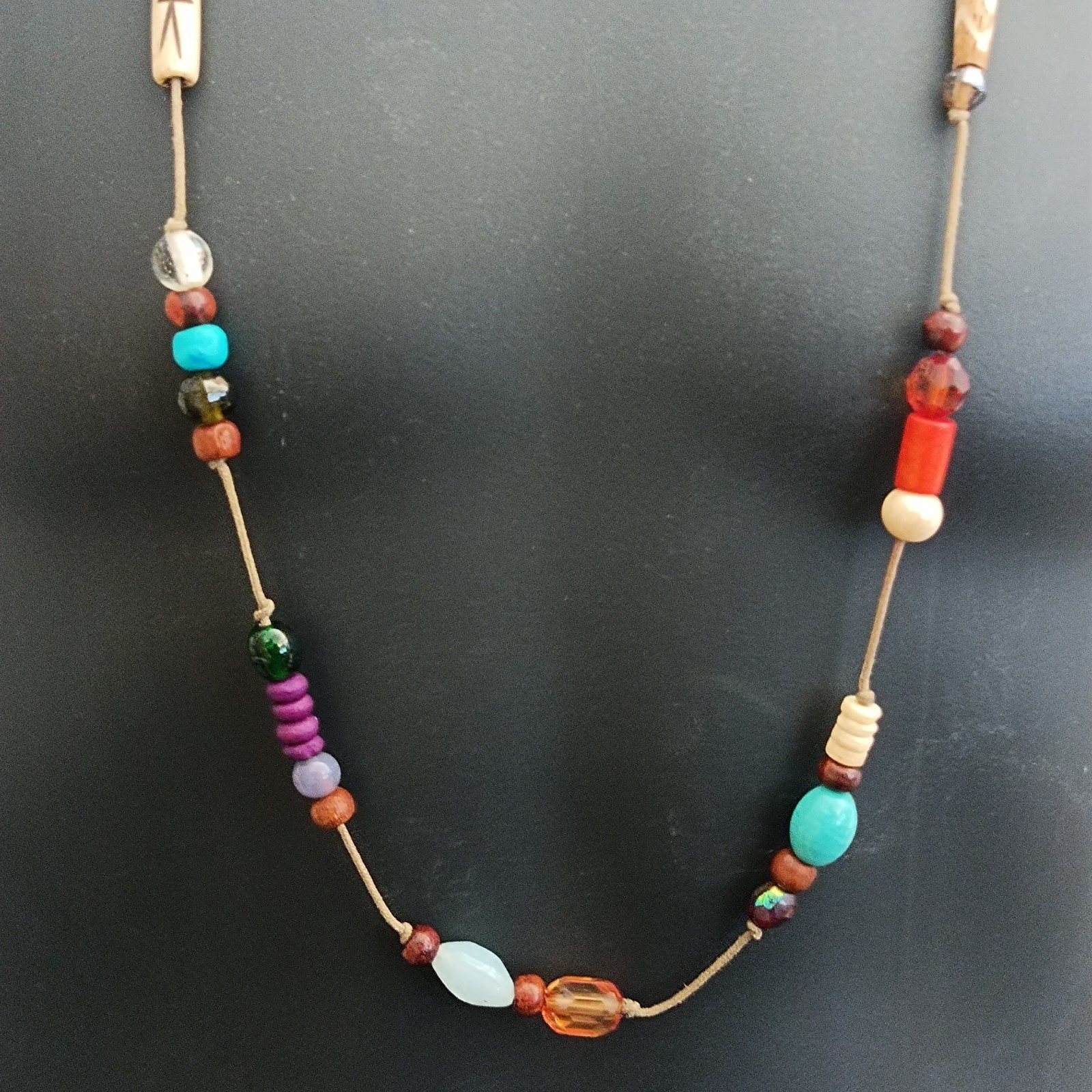Vintage Long Boho Lariat Necklace Mixed Beads Glass Ceramic Wood Knotted Station