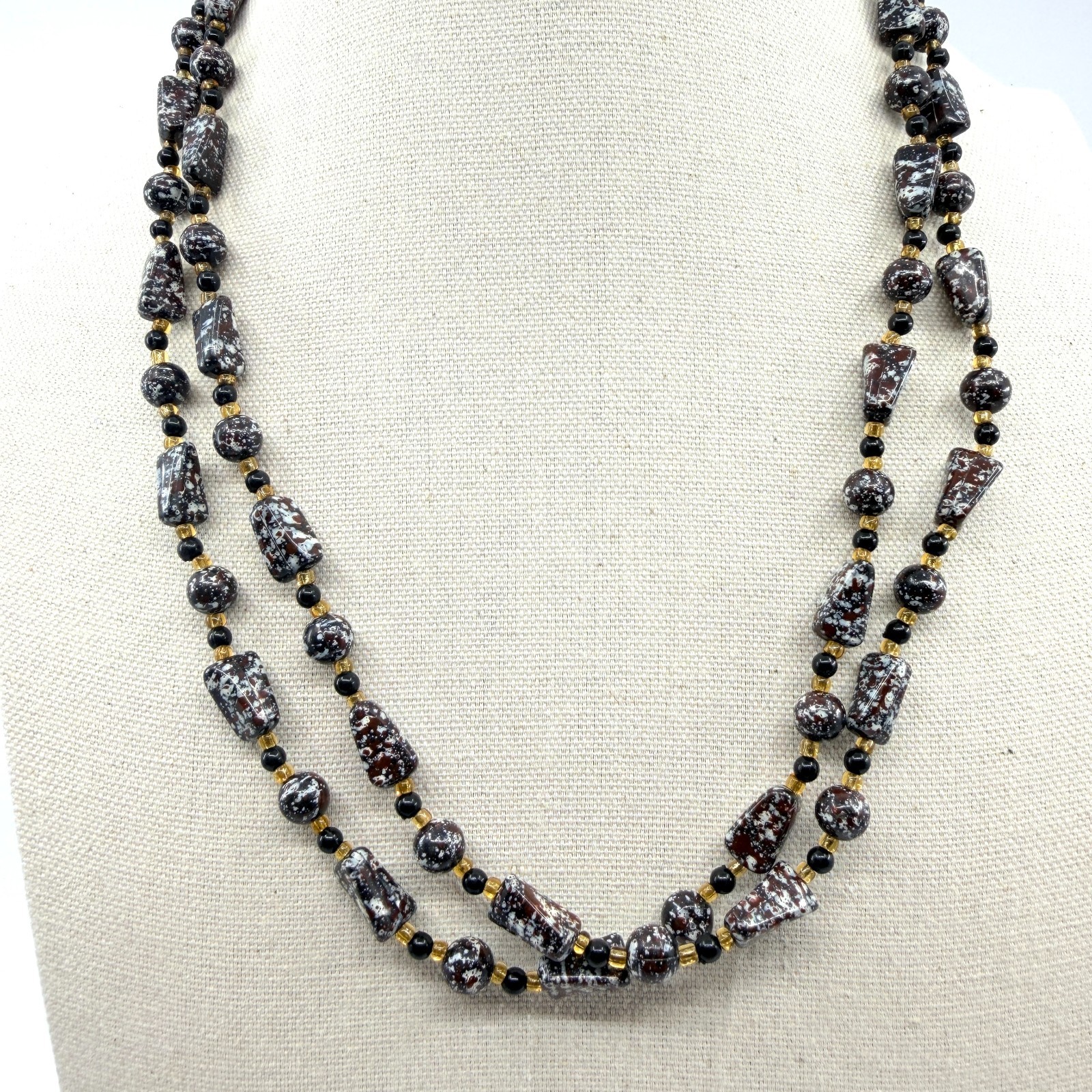 Vintage Brown White Mottled Bead Multi Strand Necklace Chunky Statement Boho Art