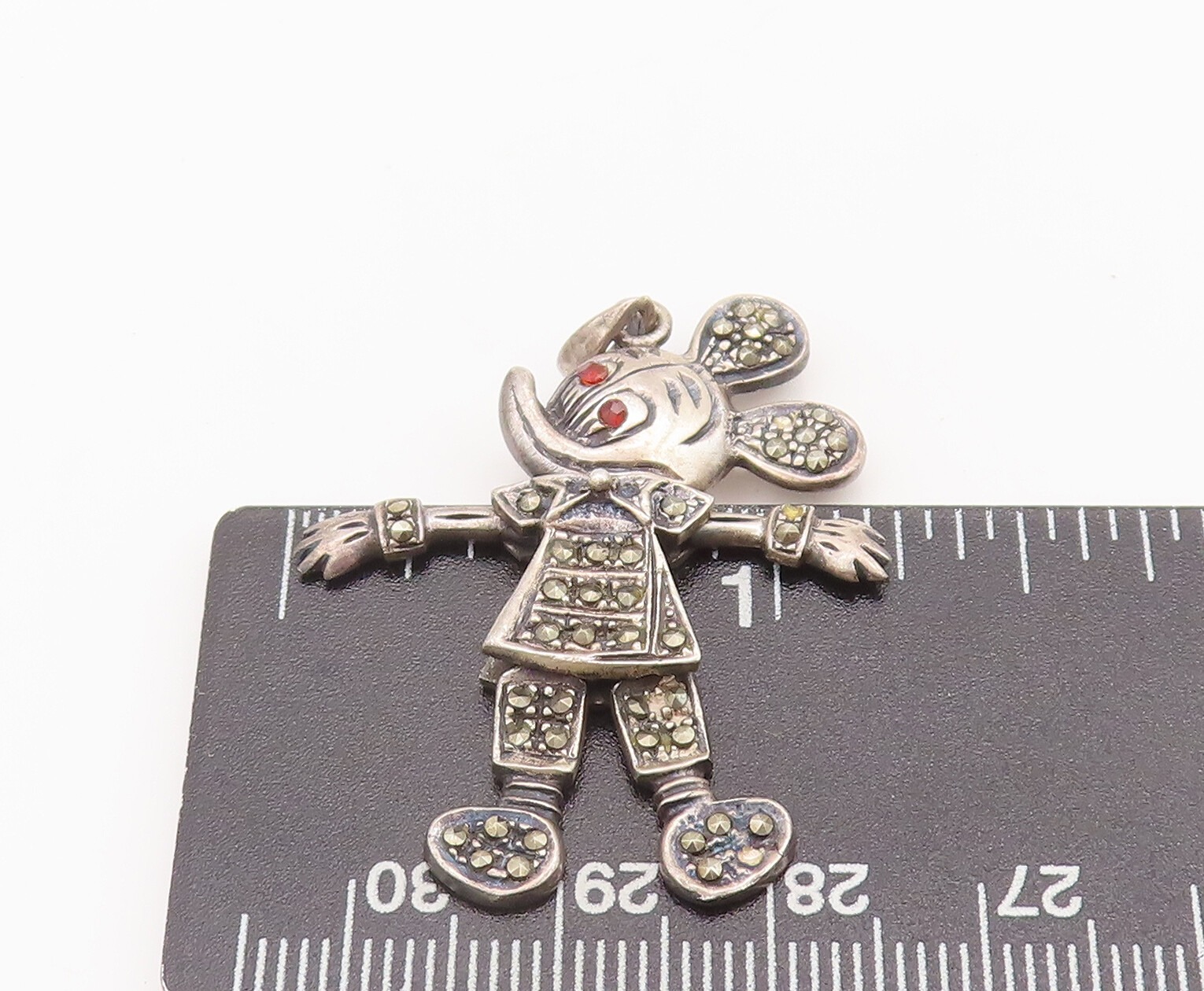 925 Sterling Silver Vintage Pendant Carved Movable Marcasite Micky Mouse PT22743