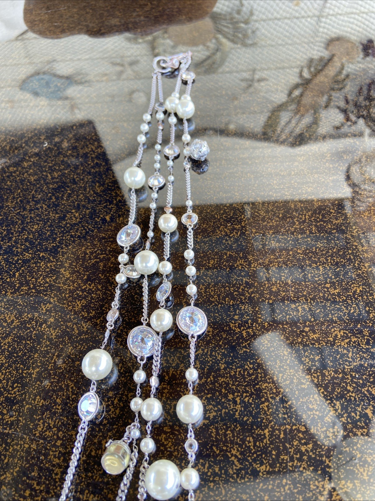 Vintage Henri Bendel Necklace Faux Pearls And Rhinestone On Silver Tone Sighned