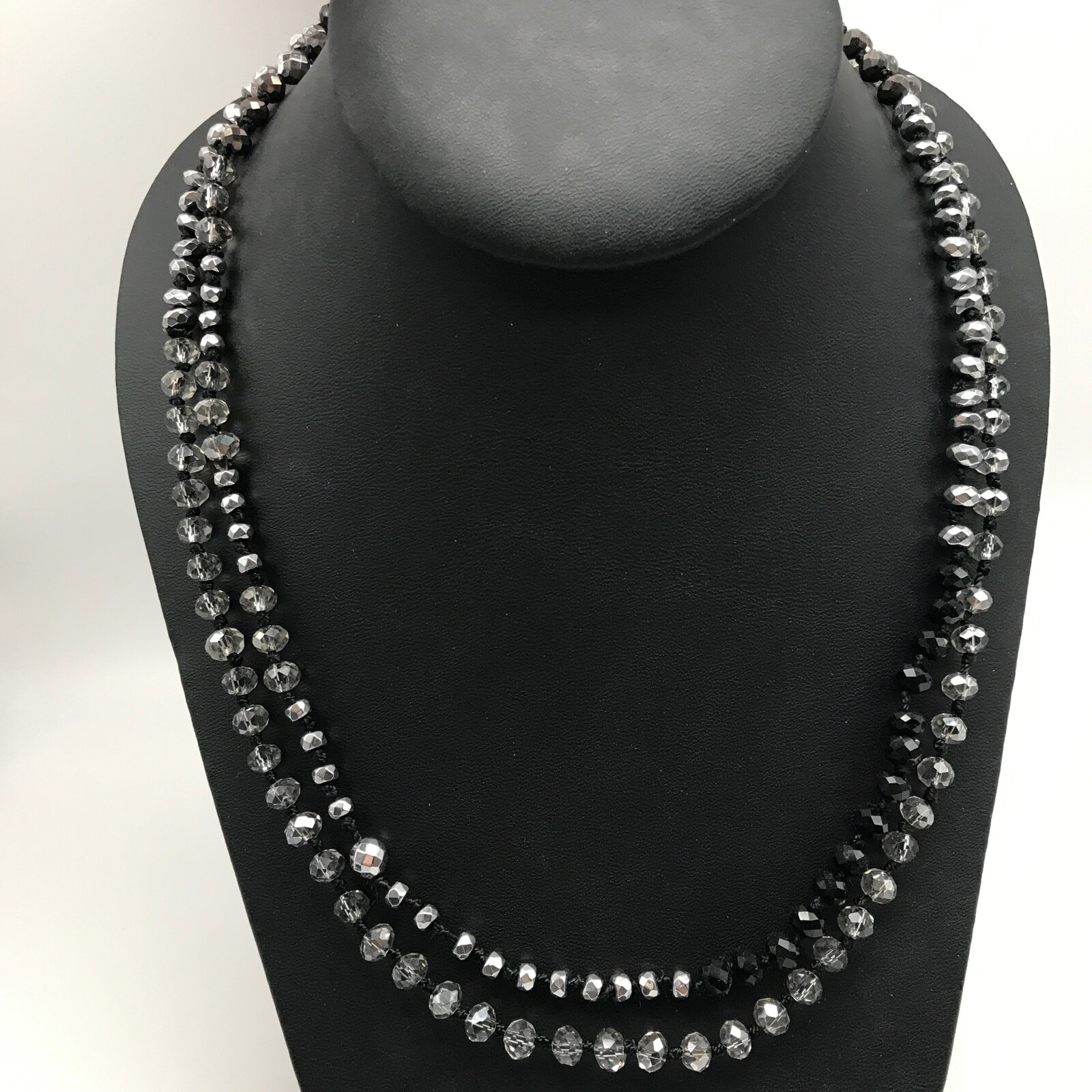 Vintage Clear Crystal Black Faceted Glass Beaded Long Hand Knot Strand Necklace