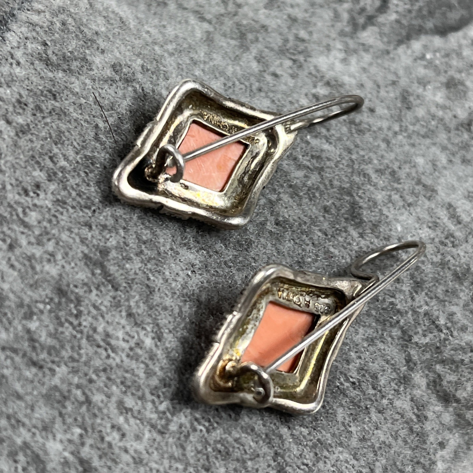 A 925 Vintage Sterling Silver 925 Marcasite Faux Coral Dangle Earrings 6.9g