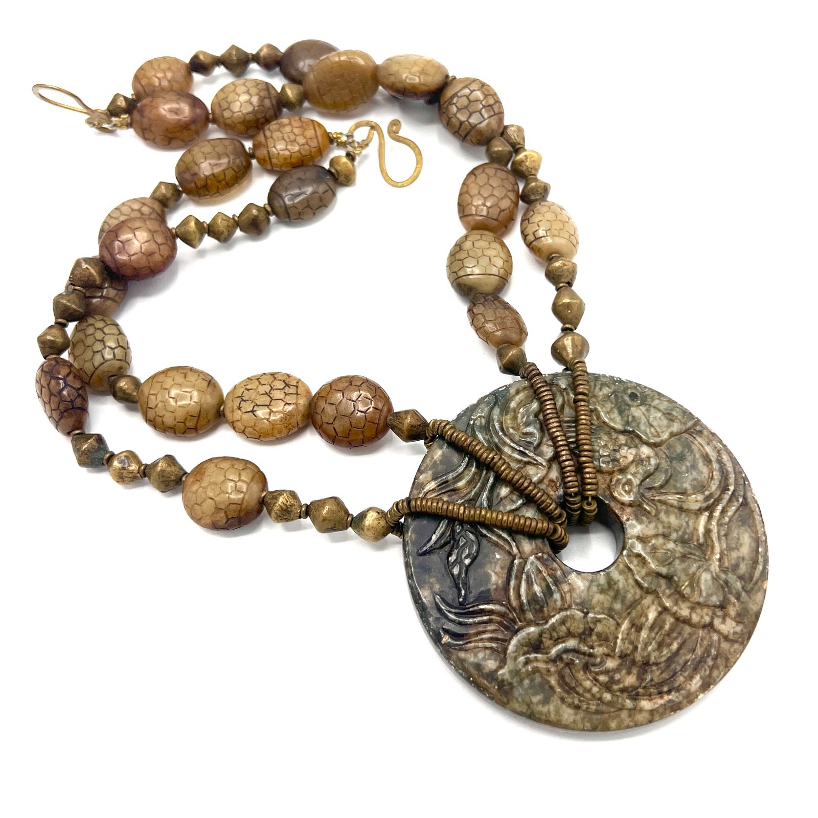 Artisan Carved Stone Medallion Necklace – Two-Strand Mossy Earth Tone Statement