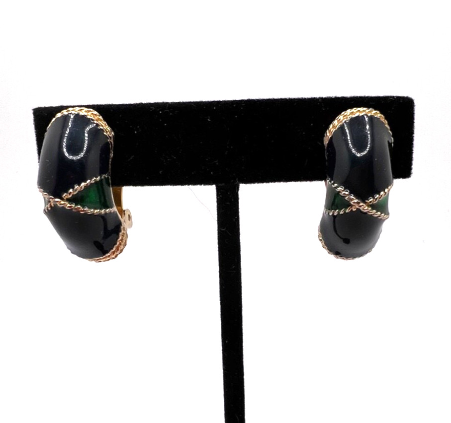 Vintage GAY BOYER Dark Green Enamel Gold Tone Clip EARRINGS Half Hoops – EUC