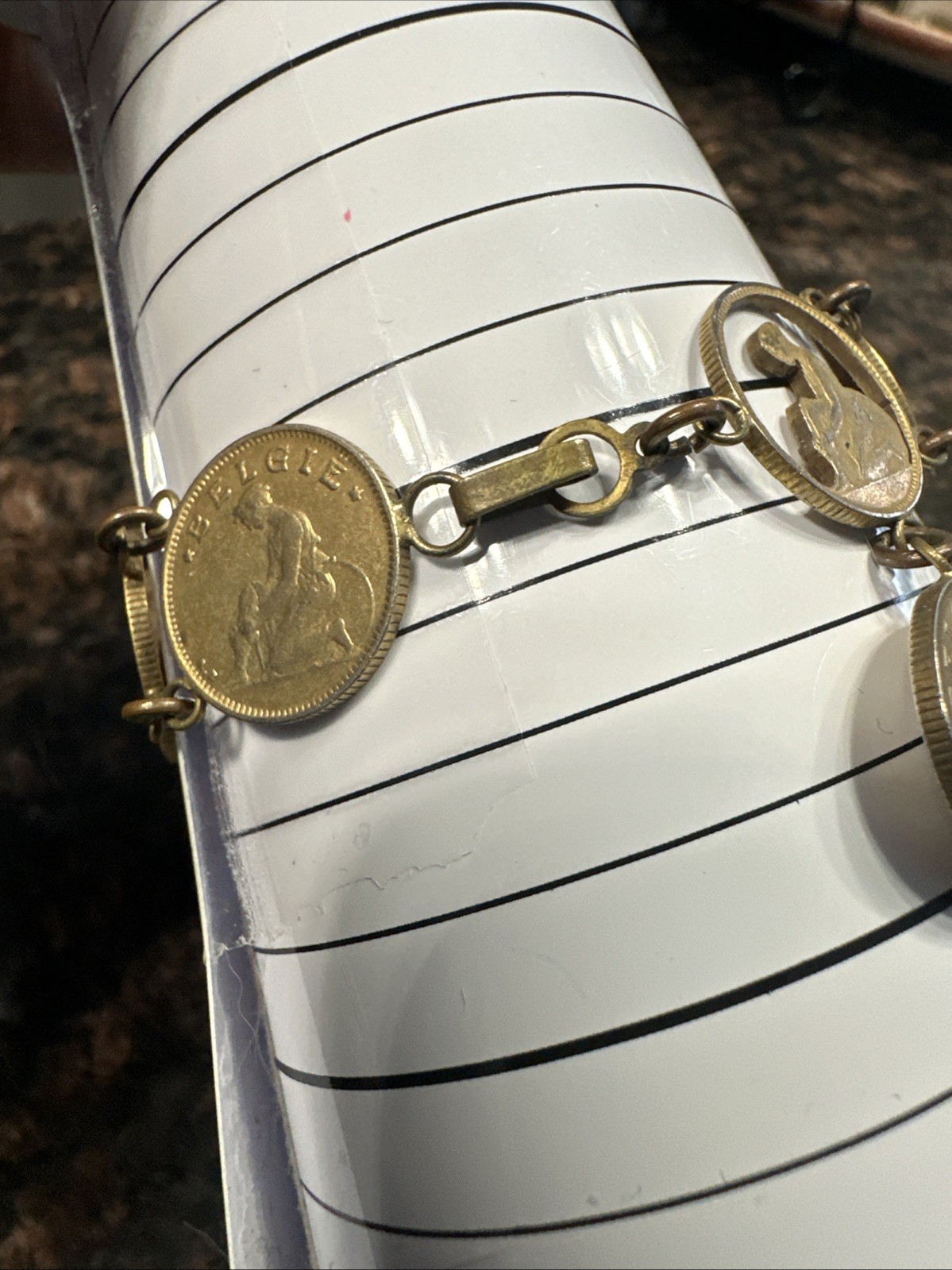 Vintage Coin Bracelet Old Belgium Cut Out Currency 1930 Hook Clasp 7.25 In.