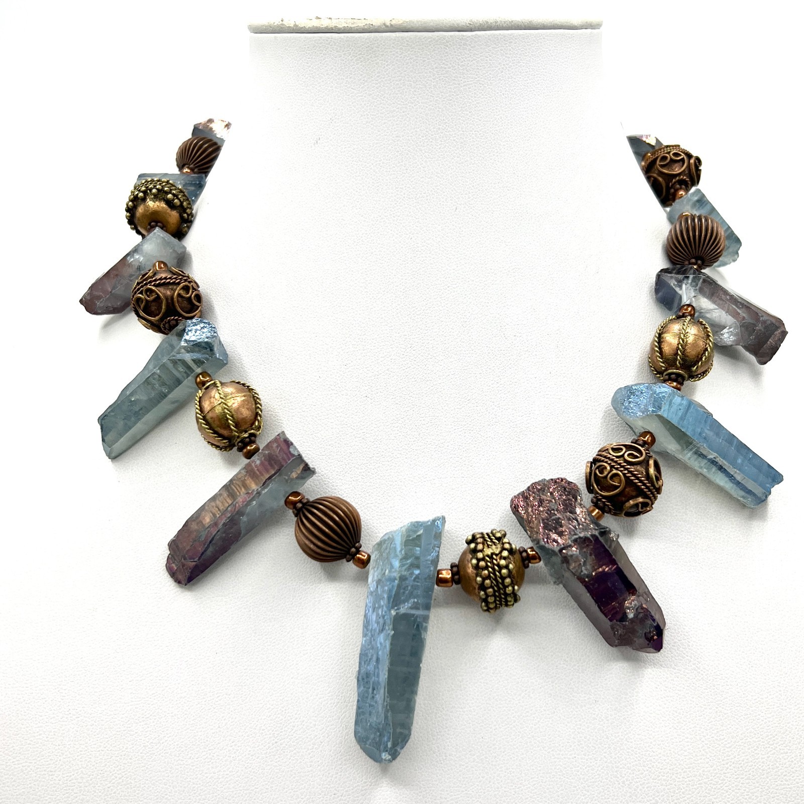 Artisan Raw Crystal & Brass Tone Statement Necklace-Unique handmade Boho Design