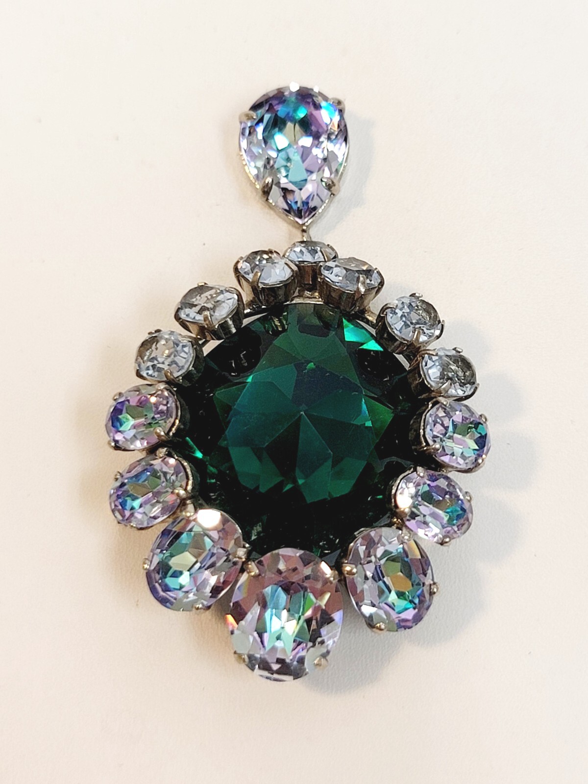 RJP Or CIS French Brooch Green Lavender Rhinestone Dangle Trombone Clasp