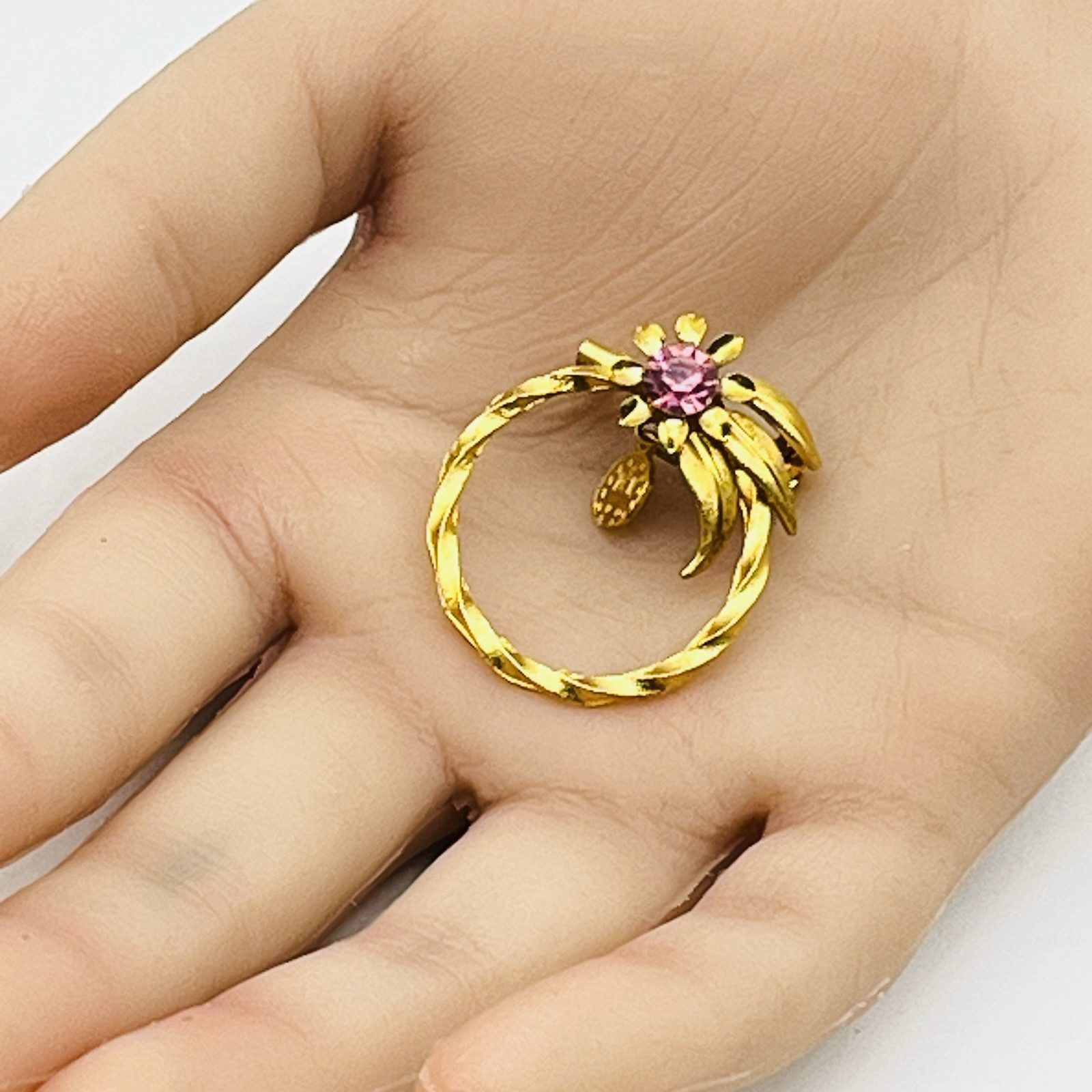 Vintage Miraculous Medal Flower Brooch Pink Rhinestone Gold Tone