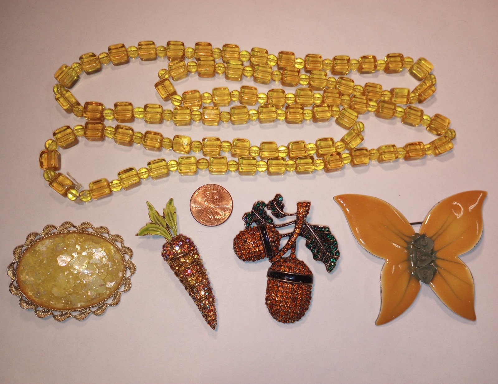 Vtg 5pc Lot FALL COLORS 1 Necklace 4 Brooch Enamel Butterfly Confetti ART Carrot