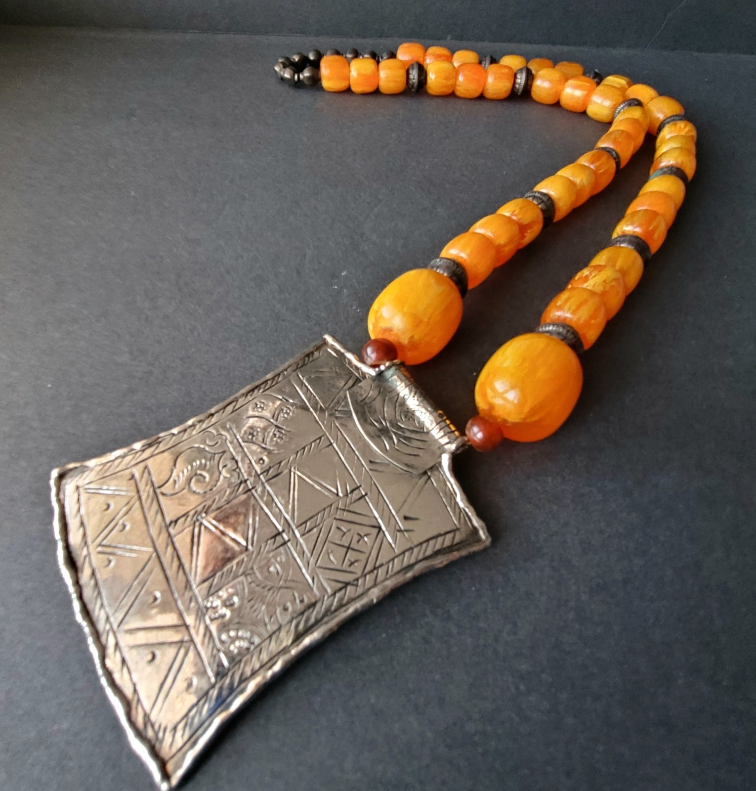 Vtg Pressed Amber Resin ? Prayer Beads Necklace Silverplate Pendant Moroccan