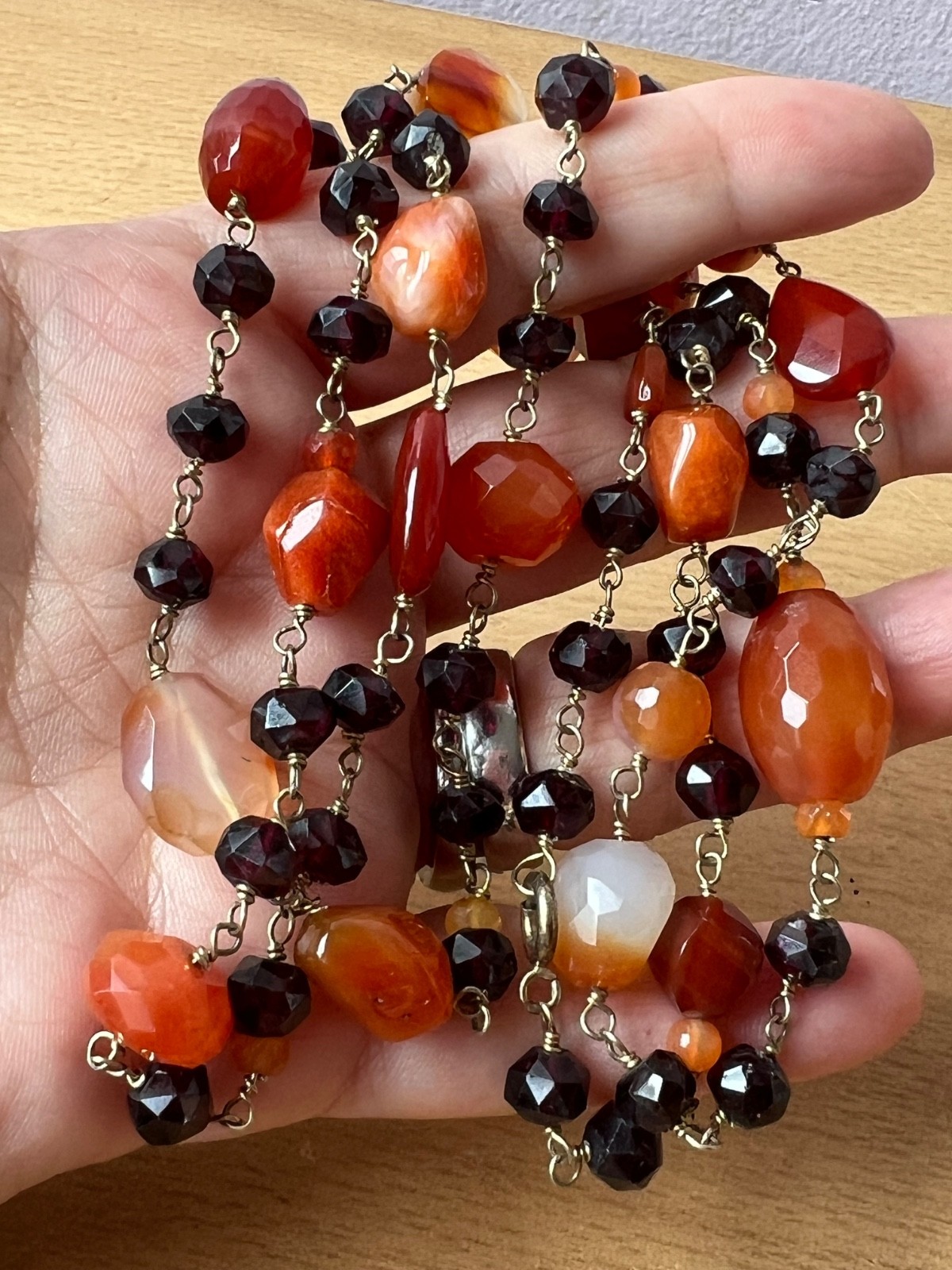 VINTAGE AGATE RHODOLITE GARNET 925 STERLING SLVR LONG STATION STATEMENT NECKLACE