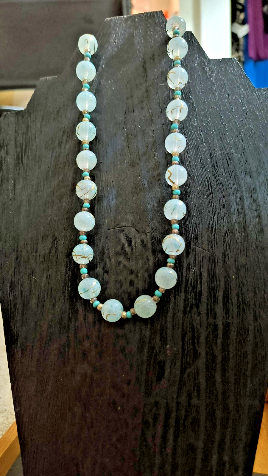 VTG Turquoise & Hand painted Glass Beads / 18″ Necklace, 1900s Venetian Murano