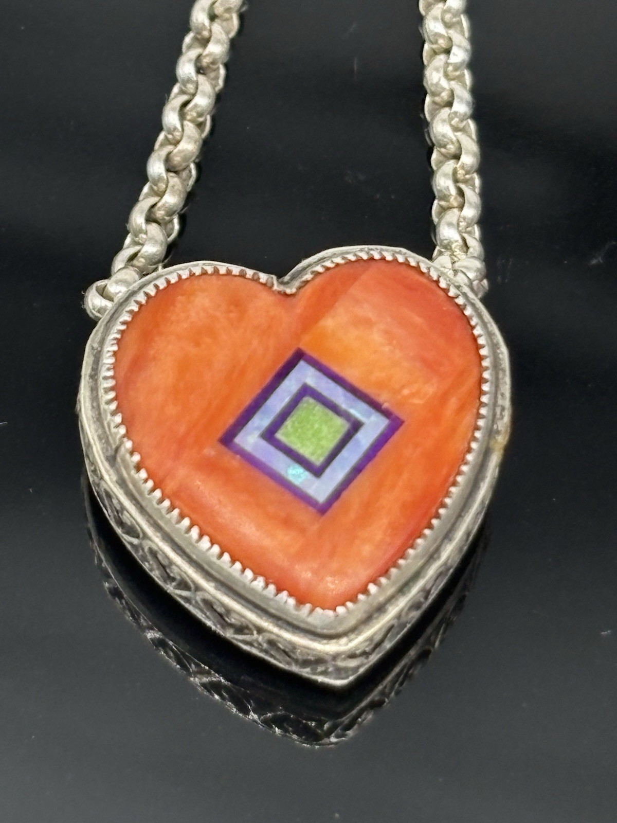 Aldrich Art Jewelry Necklace Orange Heart Inlay Sterling Silver Vintage 18″
