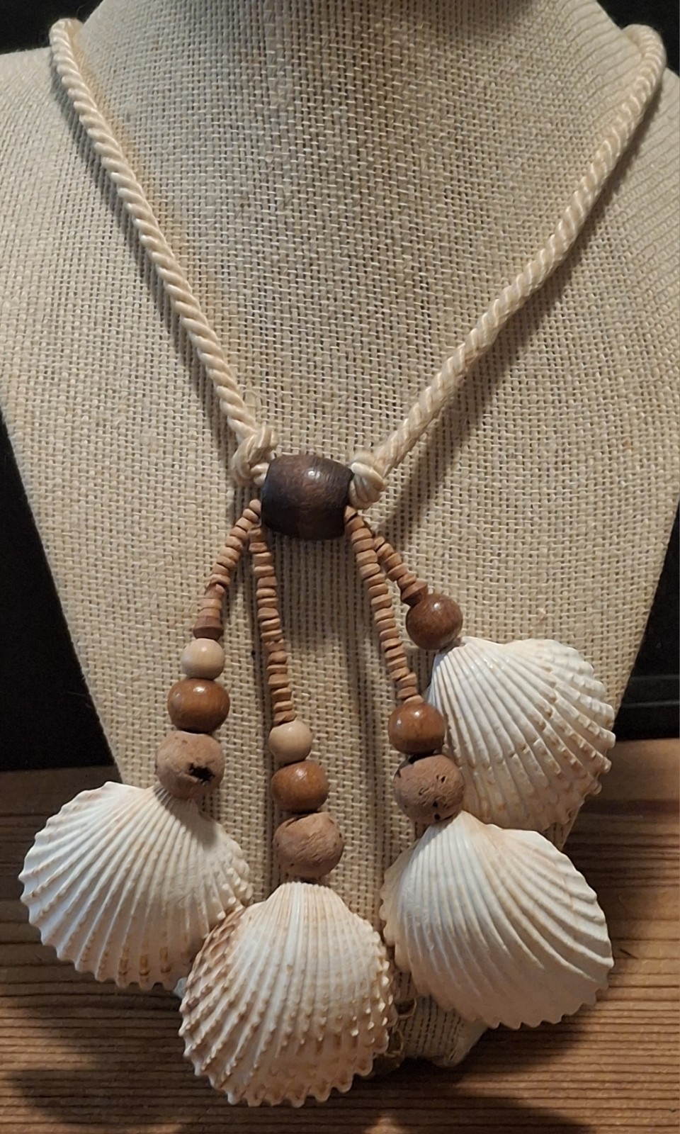 Vintage Boho Shell Necklace Wood Cork Bead Coastal Beach Statement 32”