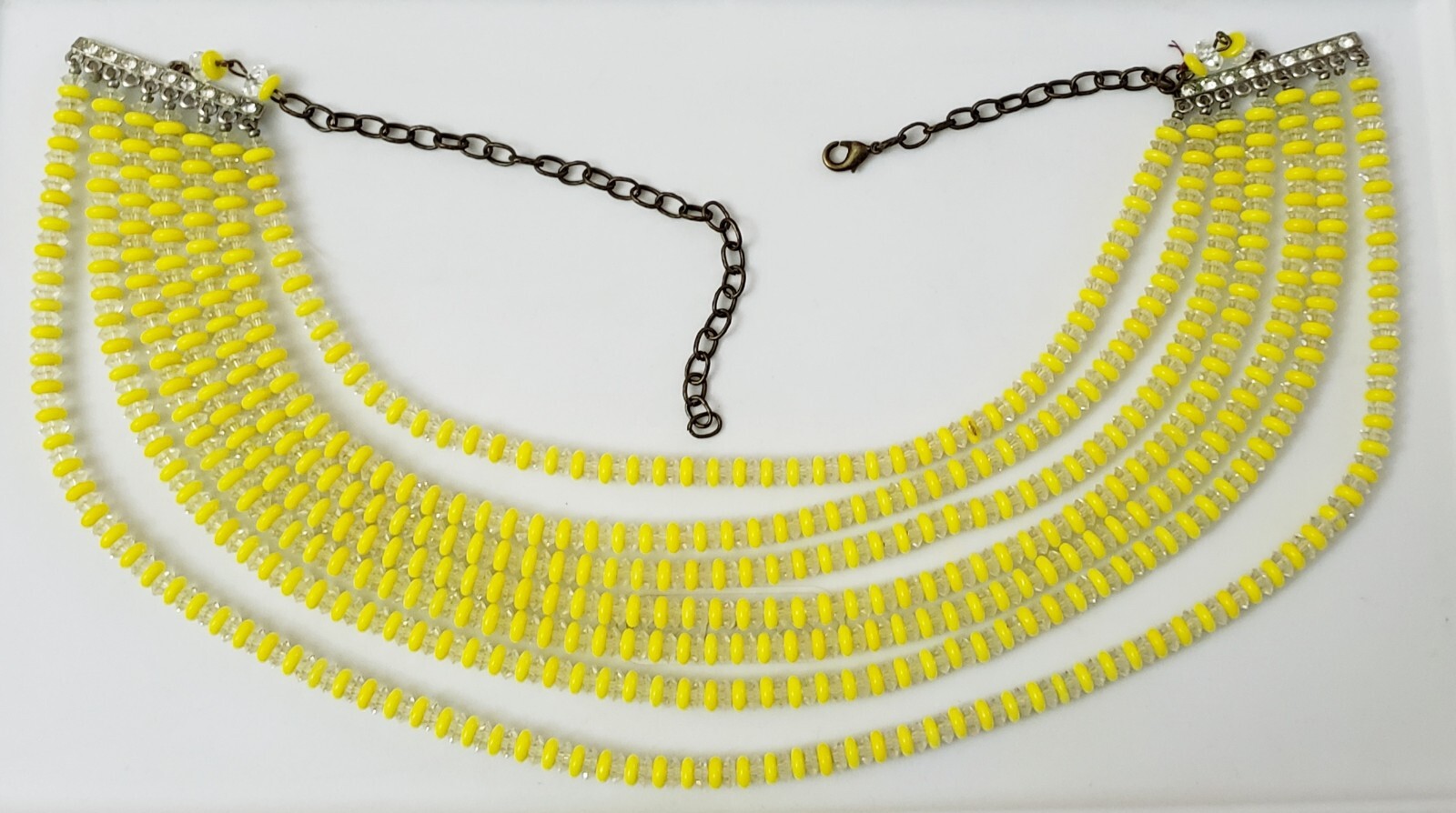 Older Yellow & Clear Glass Crystal Rhinestone 7 Stand Choker Necklace Adjustable