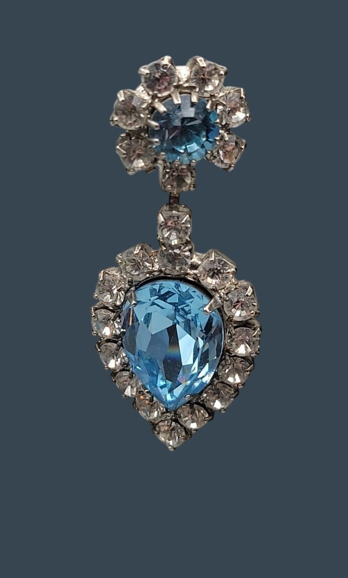 Vintage Art Deco Baby Blue Clear Rhinestone Teardrop Dangle Post Earrings