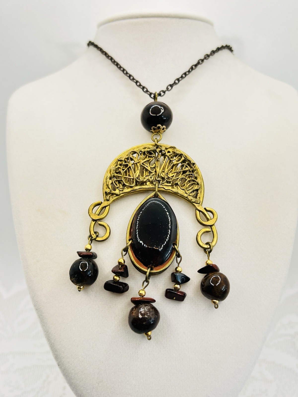 Vintage Brutalist Mixed Metals Necklace Handmade 70s Brass Copper Glass Beads