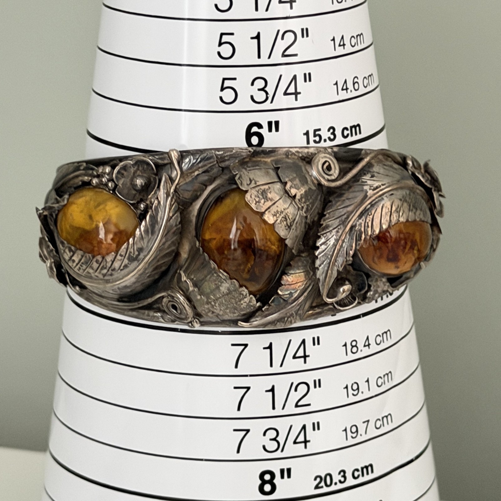 Vintage Sterling Silver Big Chunky Amber Leaf Southwest Cuff Bracelet Heavy