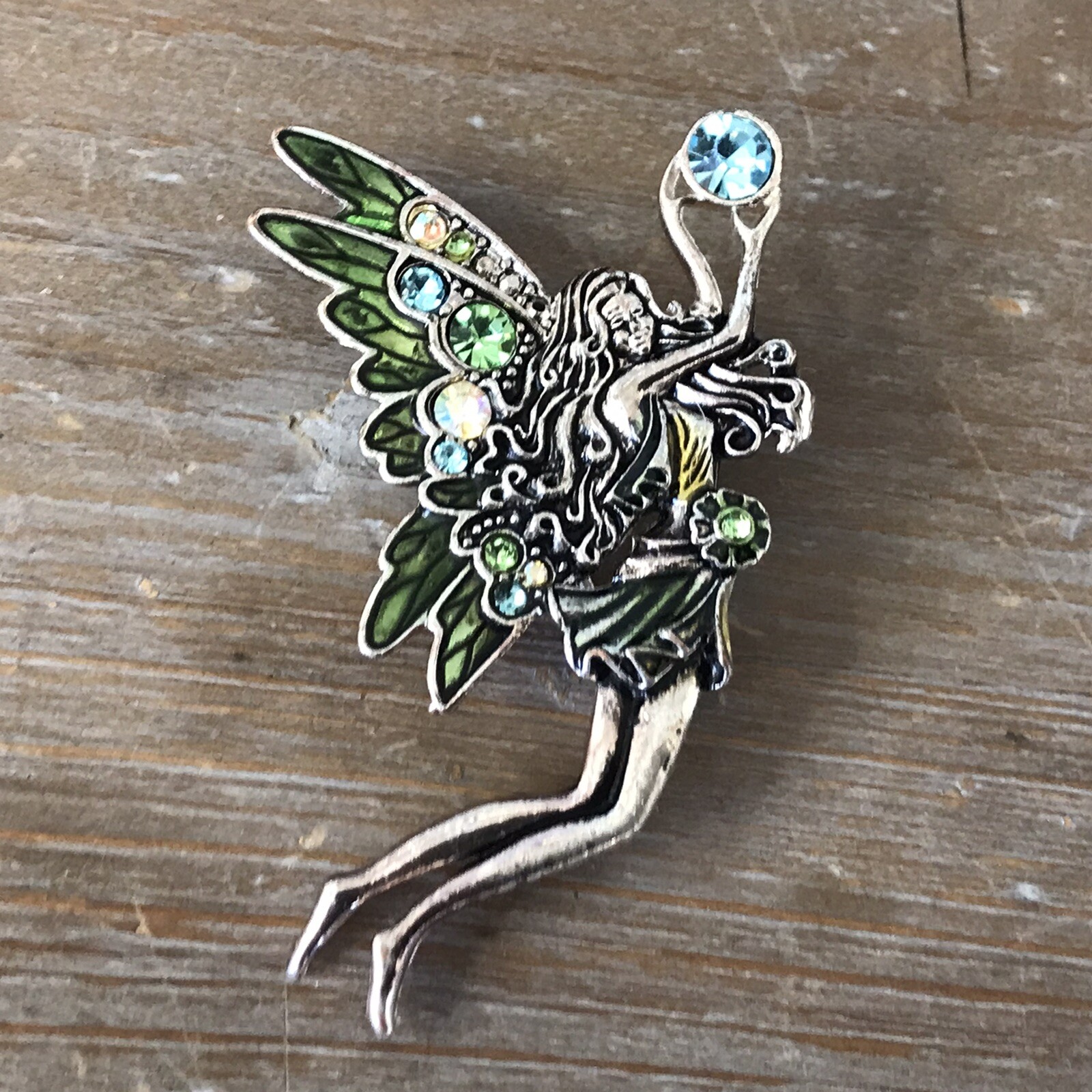 Silver Tone Enamel And Rhinestone Beautiful Fairy Brooch Whimsical Fairycore