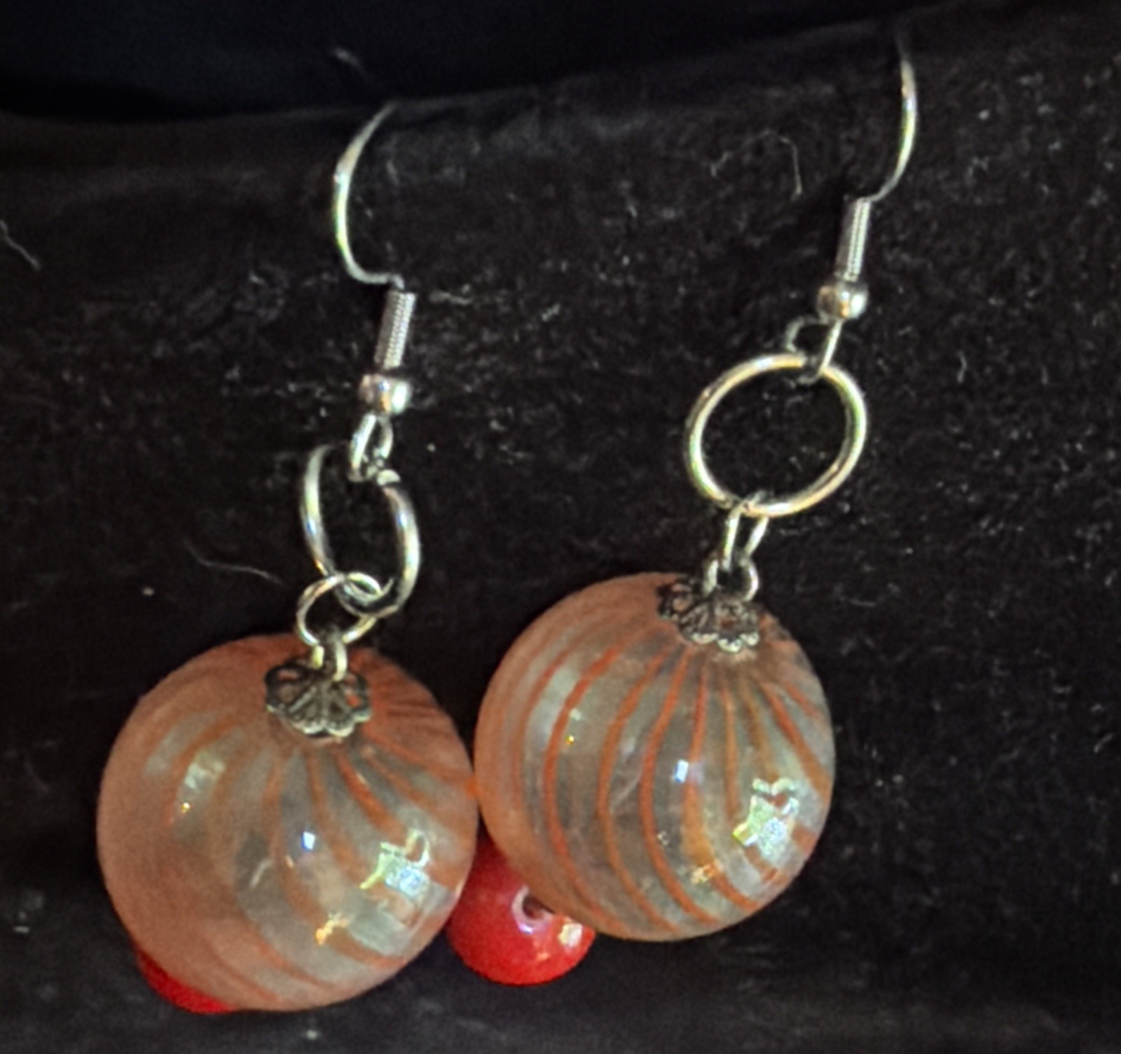 Vintage Orange Striped Blown Glass With Red Glass Drop Accent Earrings Pierced
