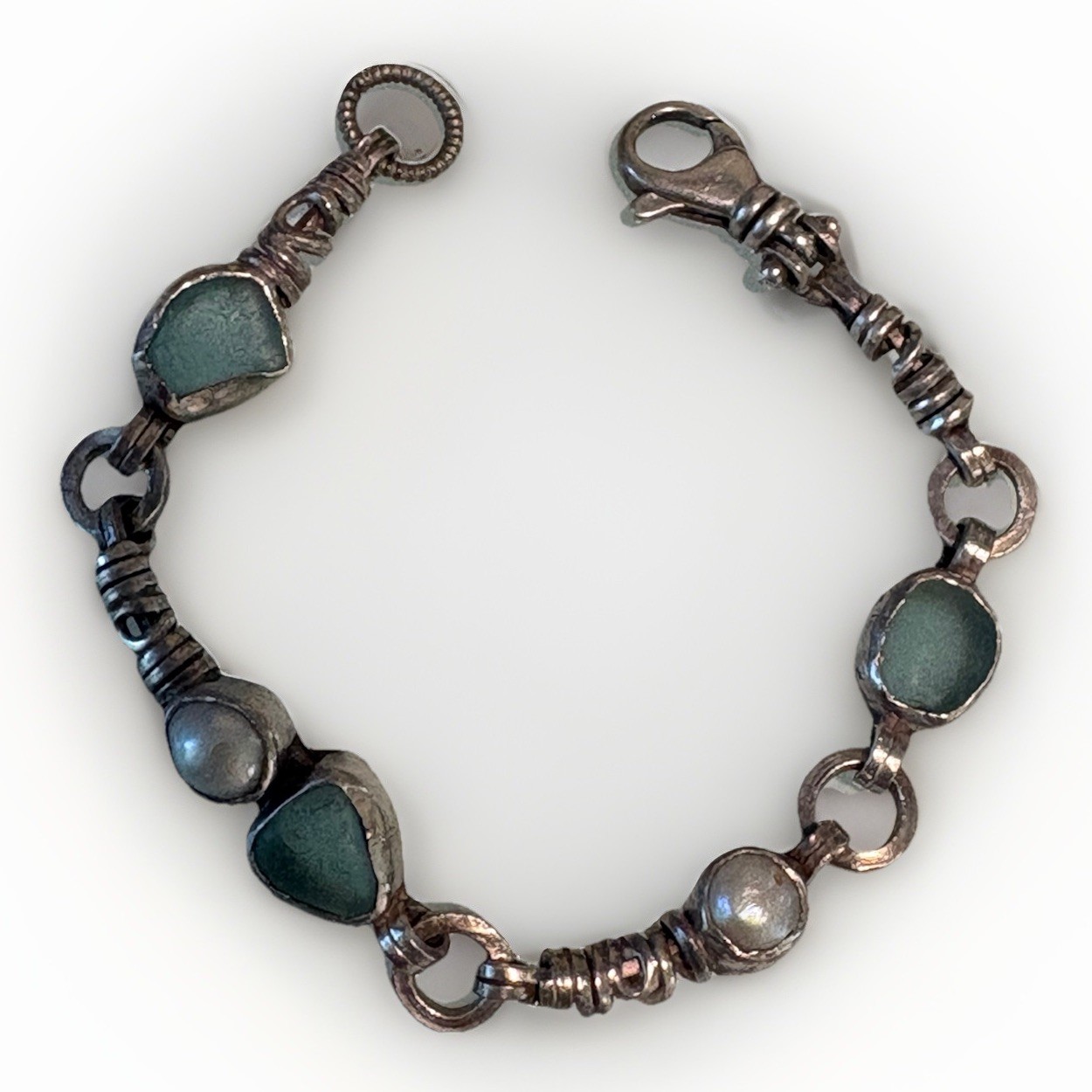 VTG 925 Sterling Silver, Blue Seaglass And Pearl Bracelet 7.5 Handmade 22 Grams