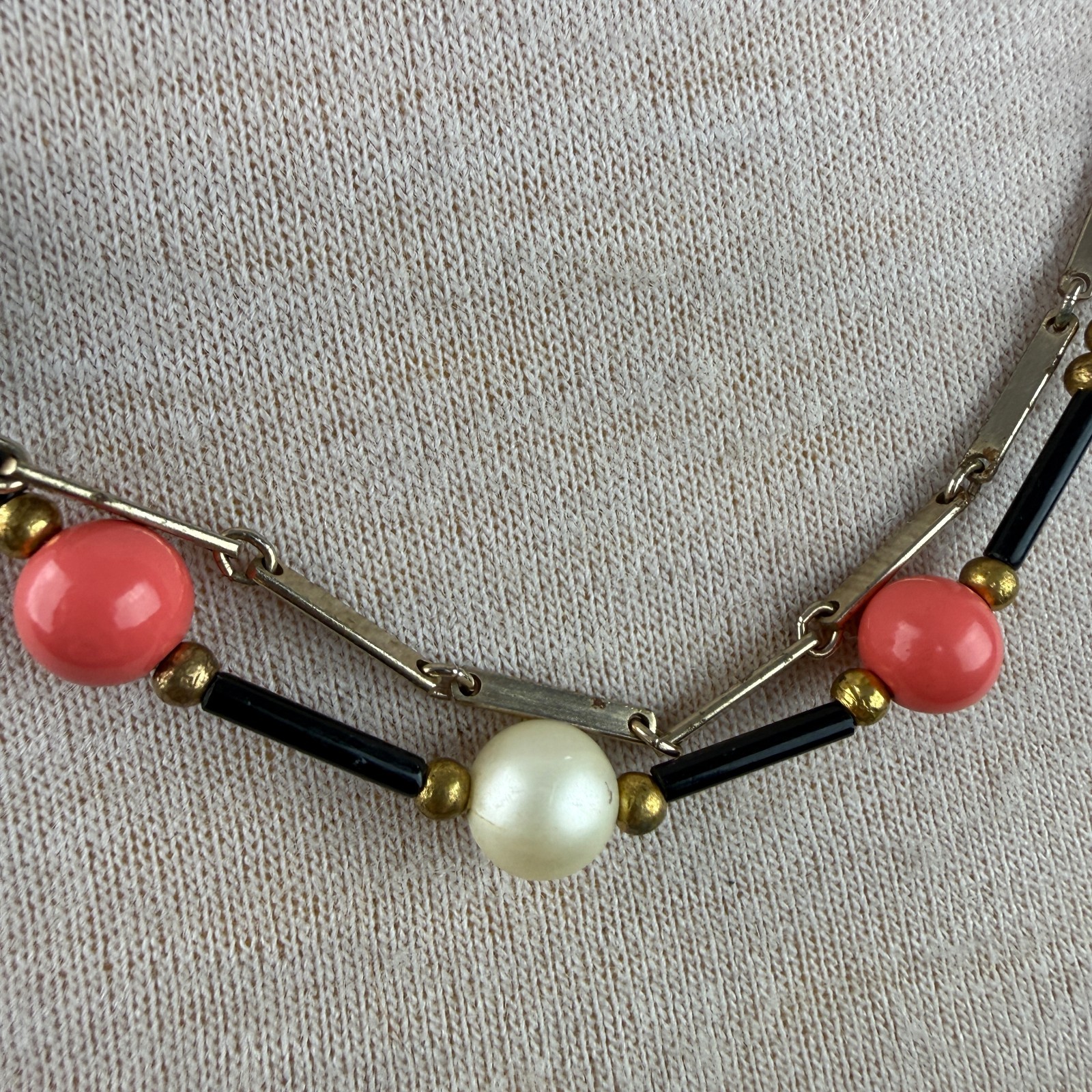 Vintage Two Strand Pink, Faux Pearl, Black Gold Tone Chain Necklace 22.5″
