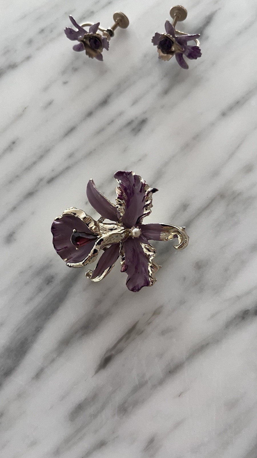 Vintage Purple Enamel Orchid Brooch & Screw Back Earrings Set w/ Box