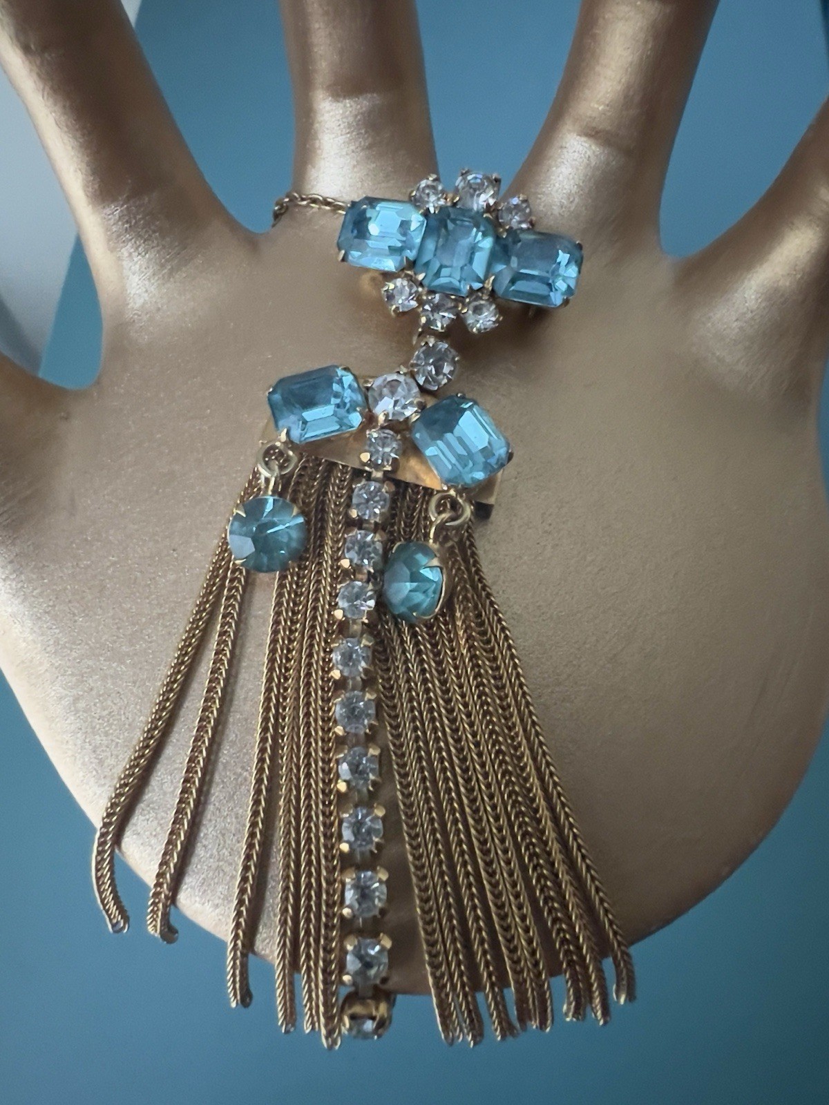 Vintage Aqua Rhinestone & Faux Pearl Jewelry Set – 3 Pieces – Gold Tone