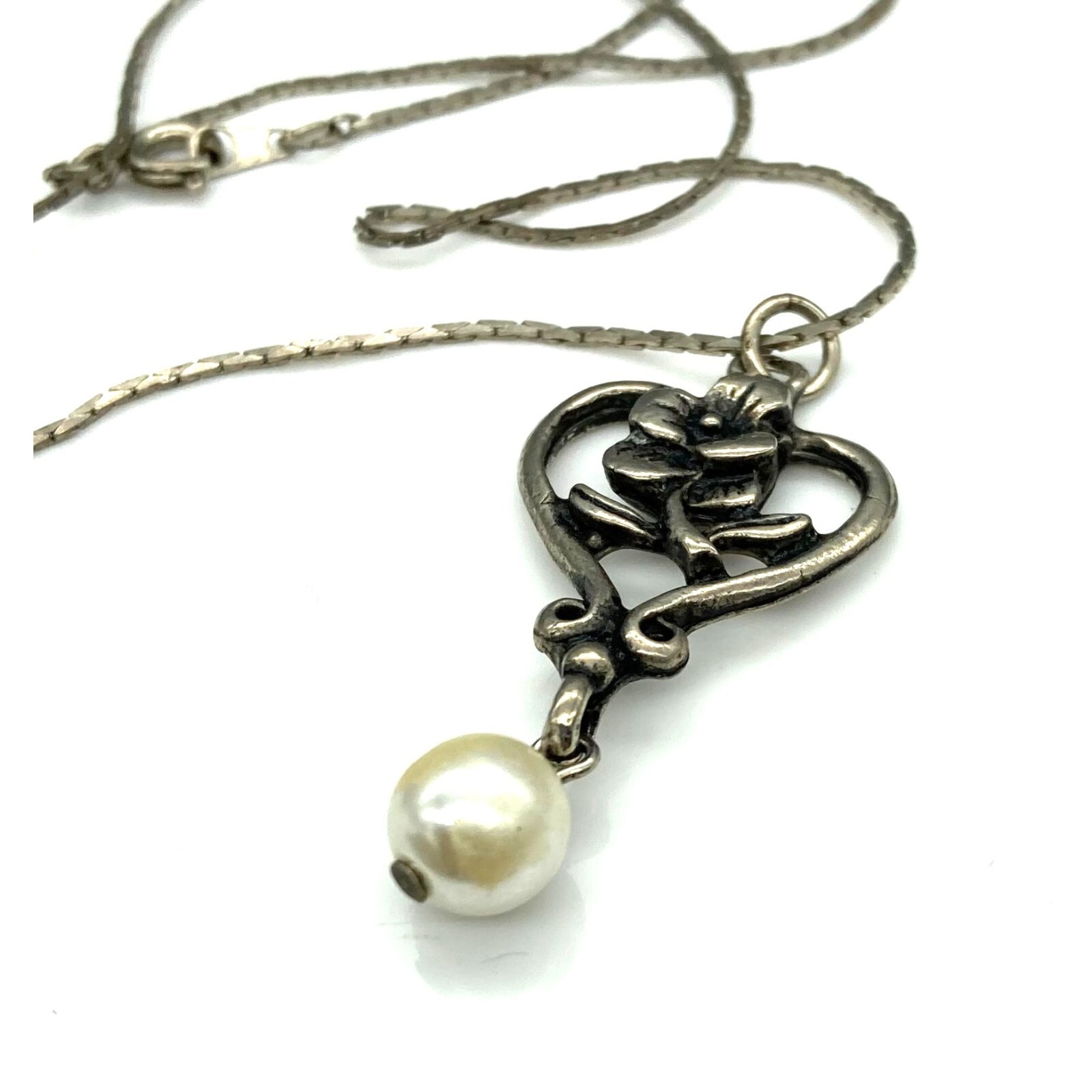 Vintage Hearts and Flowers Pendant with Pearl Drop on Delicate Silver Tone Chain