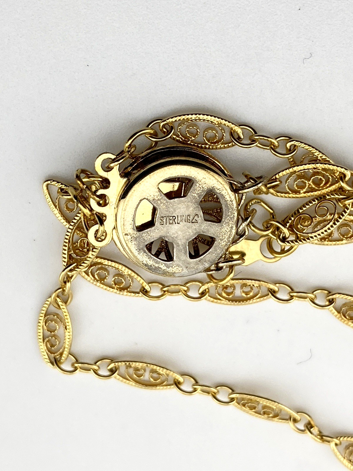 Triple Strand Filigree Link Gold Filled Necklace Vermeil Clasp 16 1/4 In