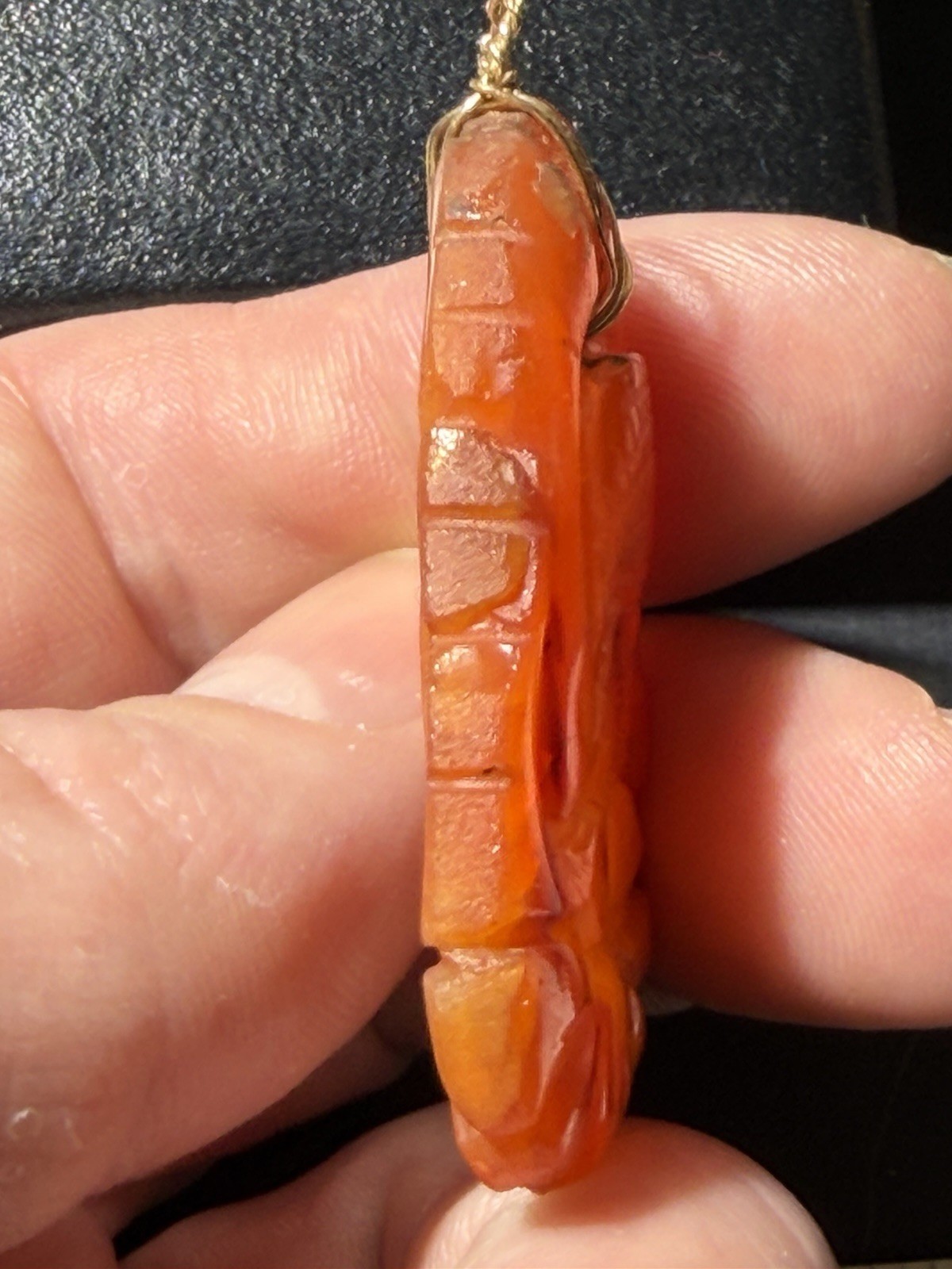 Vintage Carved Carnelian Stone Pendant 10k Solid Gold Wire Bail Old Repair