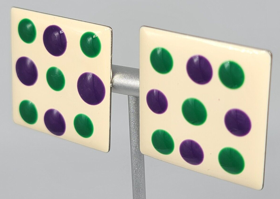 Polka Dot Earrings Purple Green White Enamel Mod Silver Tone Pierced Vintage